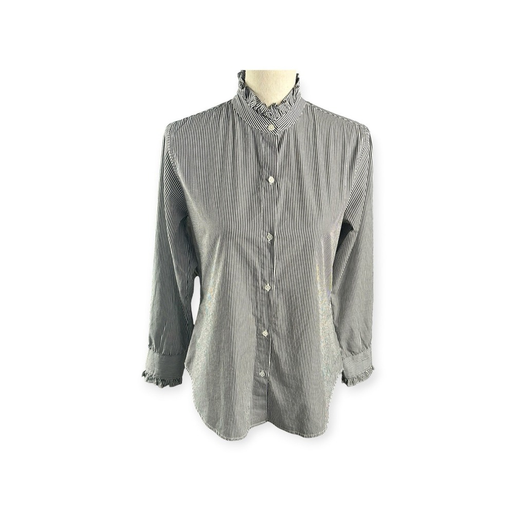 Nili Lotan Shirt Lydia Black/WhiteLing Sleeves Stripe Ruffled Cotton Size Small